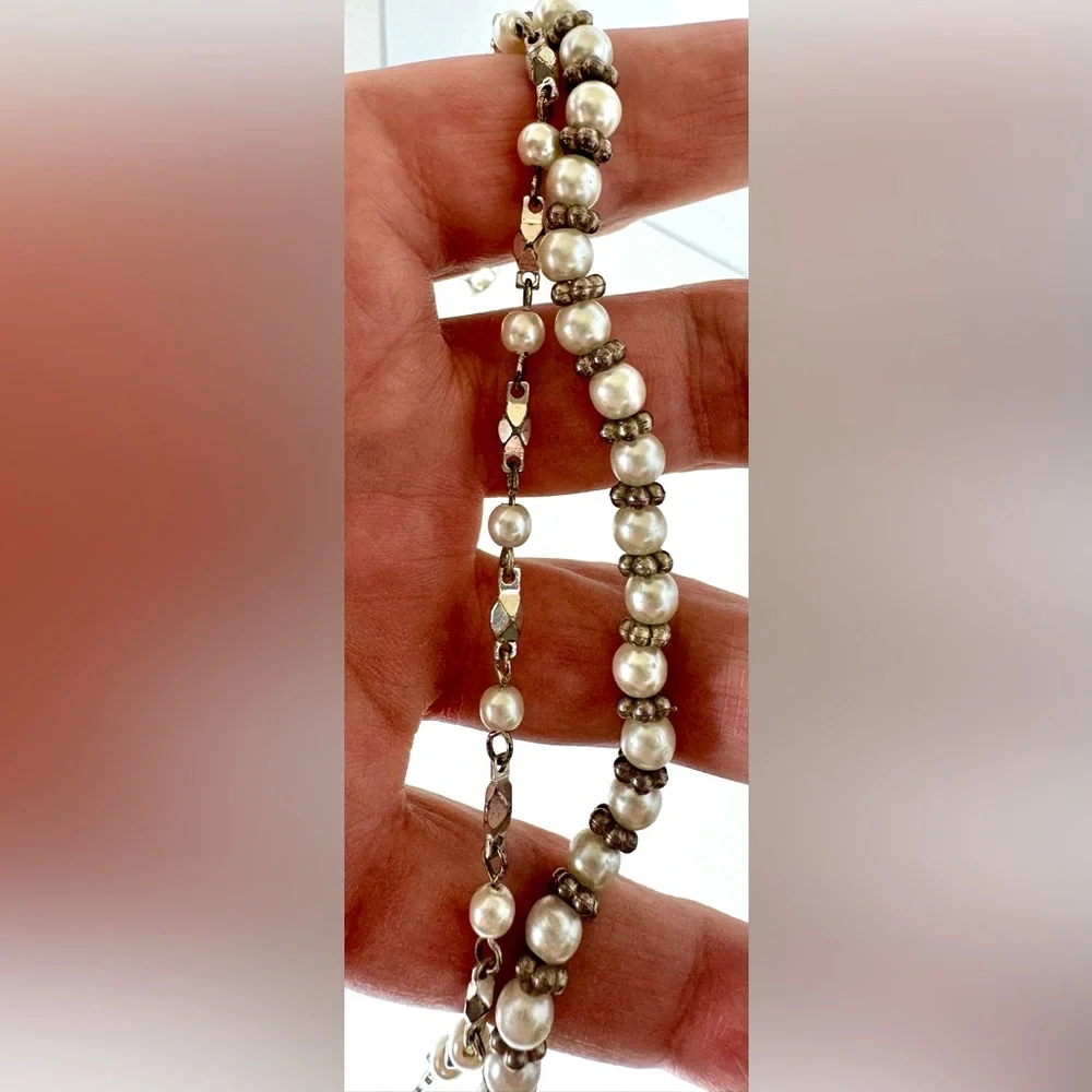 Lot of 2 Vintage Signed Napier Silver-time & Faux Pearl Bracelets #1120